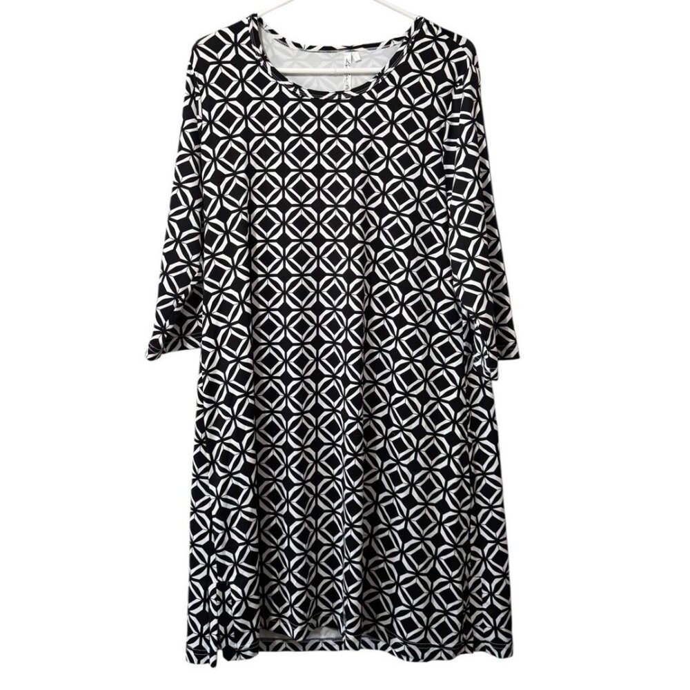 LULU B Dress Women Large 3/4 Sleeve Stretch Black White Pre Shrunk Beach‎ Travel